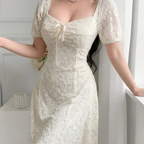 Women's Summer French Style Casual Dress, Square Neck Bowknot Lace Waist Slimming Elegant Chic Dress Nk-0004-603028