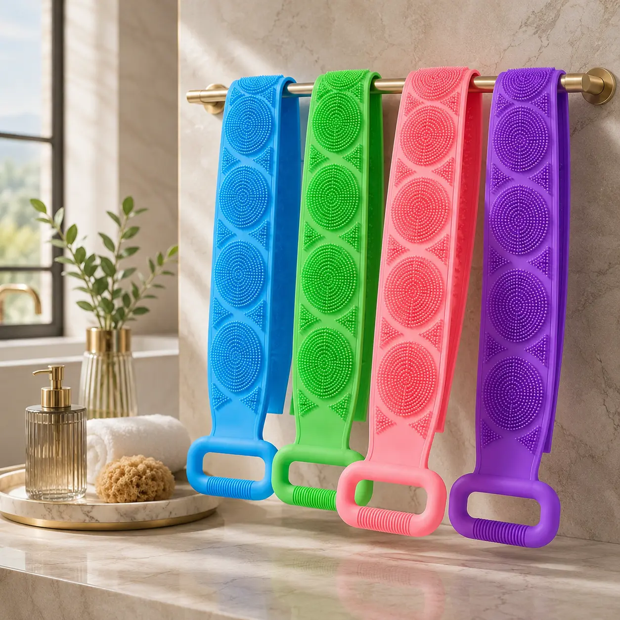 2PCS Silicone Bath Brush, Double-Sided Exfoliating Back Scrubber with Mesh Sponge, Long Body Scrub Strap with Soft Bristles & Handles, Shower Bath Tool for Back, Body Cleaning, At-Home Self Care