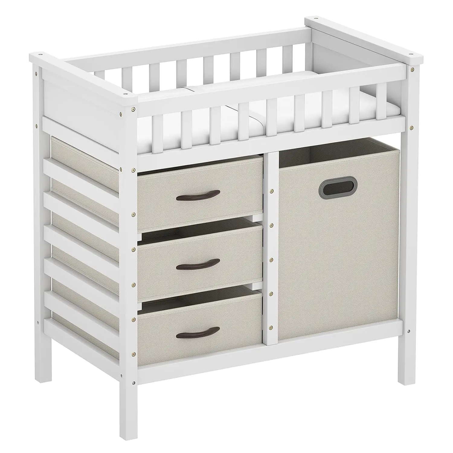 Costzon  Wooden Baby Changing Table, Diaper Changing Station with 3 Storage Drawers, Laundry Hamper, Waterproof Changing Pad & Safety Belt, Modern Nursery Furniture for Daycare Bedroom