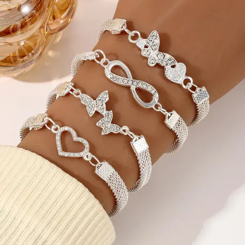 Rhinestone Decorated Butterfly & Heart Design Charm Bracelet, Punk Style Bracelet Set, Fashion Accessories for Women, Stackable Bracelet Set, Stacked Bracelets