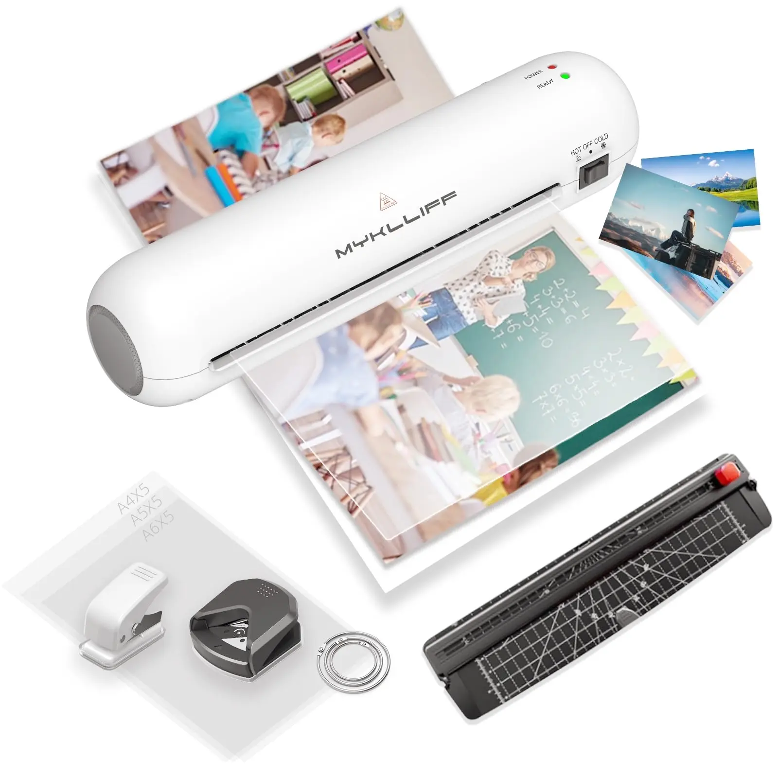 Laminator Machine 9-Inch Portable Thermal Laminater with Hot & Cold Modes, A4 Small Laminating Machine with ABS Jam-Release, 3-Min Warm-Up, 6-in-1 Photo Laminator Kit for Home and Class, White