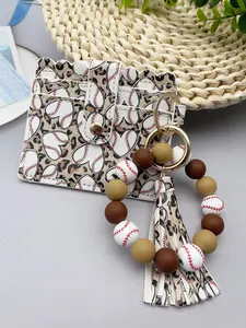 Cute Rugby Pattern Tassel Beaded Keychain with Outdoor Card Bag, Casual Trendy Keychain for Daily Use, Trendy All-match Car Keychain with Beads for Birthday Gift, Keychain For Bags, Charms