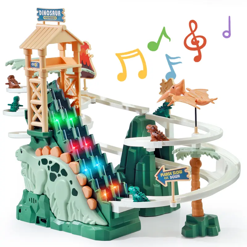 Dinosaur Chasing Race Track with Double Loop, 5 Mini Dinosaur Cars, Climbing Slide Toy with Lights & Music, Fun Stair Climbing Toy for Kids Crawling Play