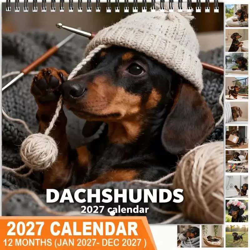 2027 Dachshund Planner & Wall Calendar - Spiral Bound Thick Coated Paper Suitable for Home or Office, Monthly/Weekly/Daily with Yarn & Needles, Cute Dachshund Gift for Pet Lovers, Christmas New Year Calendar