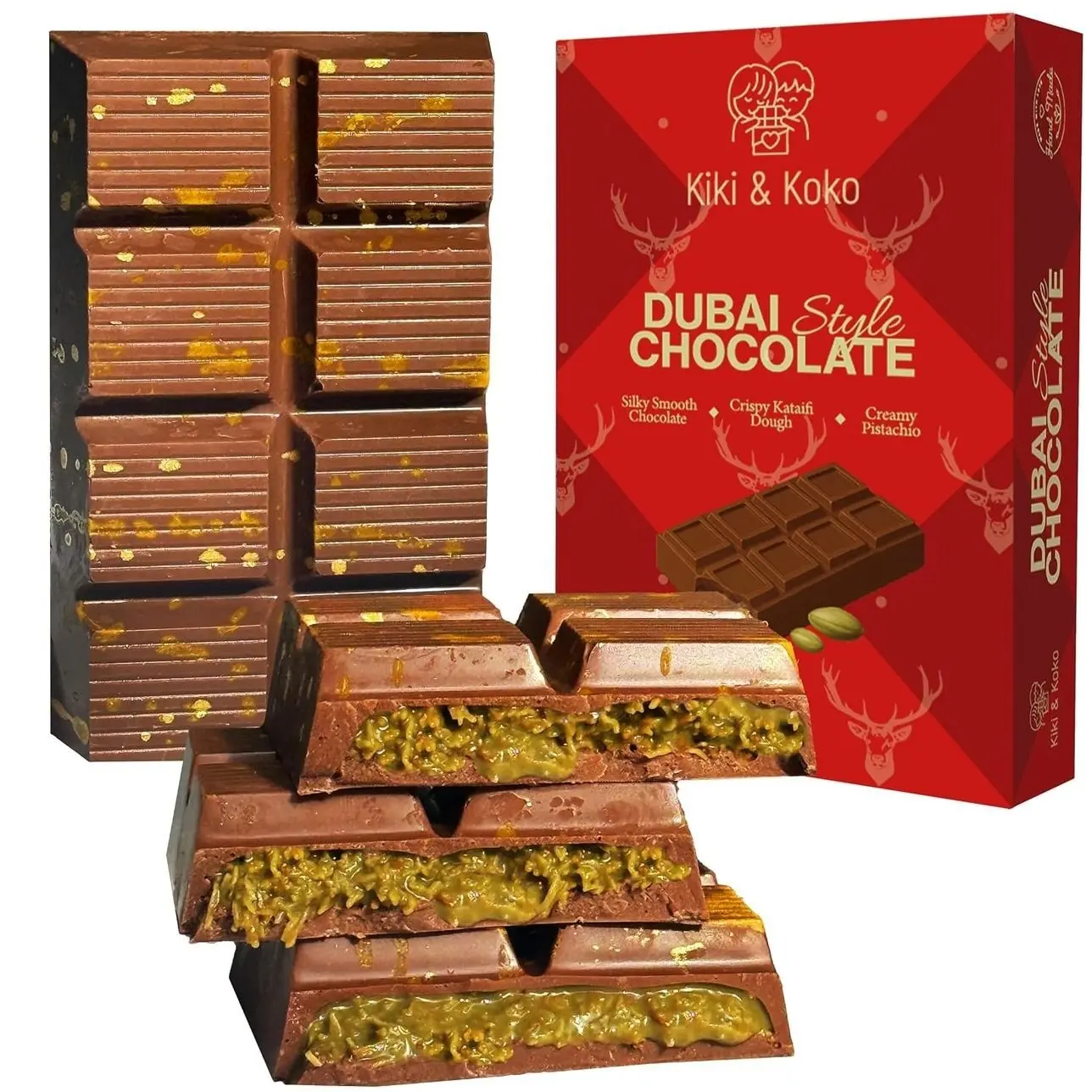 Dubai Chocolate Pistachio Bar 6.5oz - Handmade Kunafa Baklava-Inspired Dessert with European Milk Chocolate and Pistachio Cream