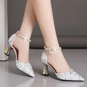 Elegant Faux Pearl Women's Heels, Point Toe Dress Pumps with Fashion Strap Walking Shoes Footwear Girl Rubber