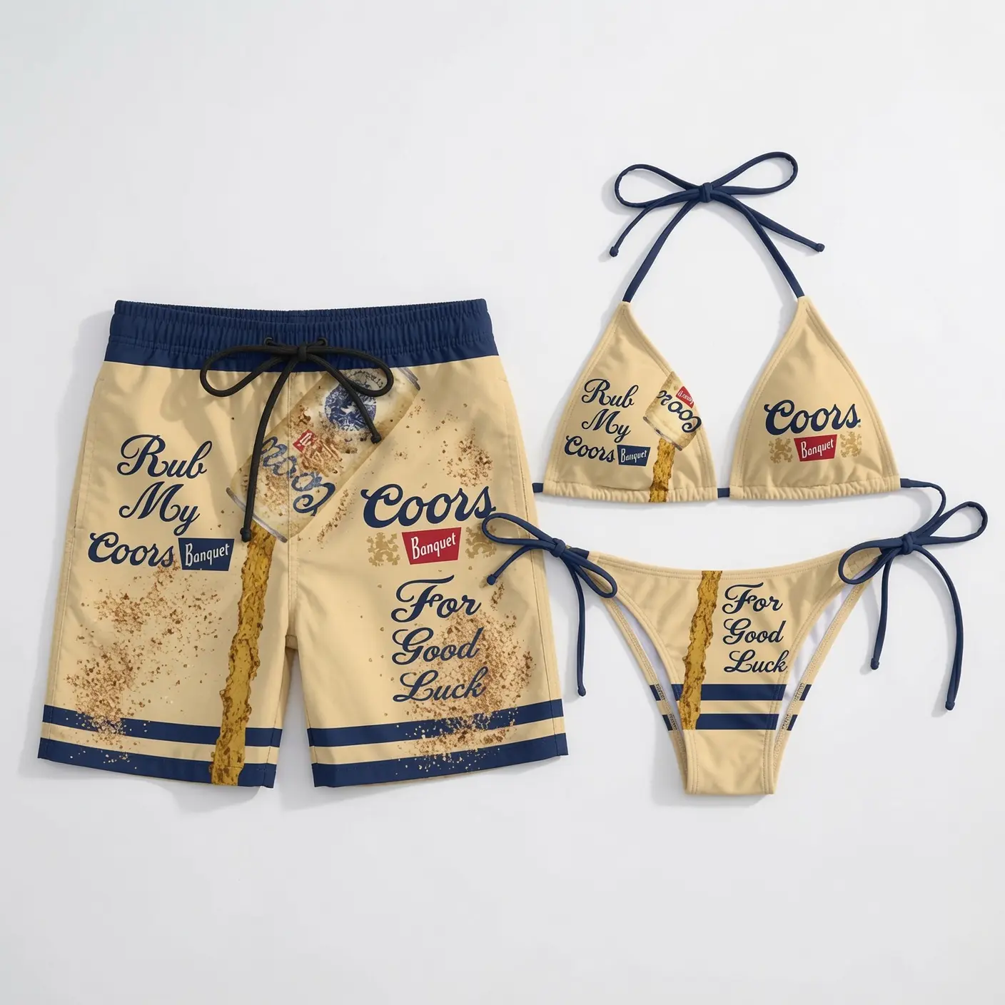 C00RS BANQUET RUB MY C00RS Matching Couple Swimwear Set, Beer Graphic String Bikini and Hawaiian Shorts, His and Hers Beach Vacation Outfit Gift