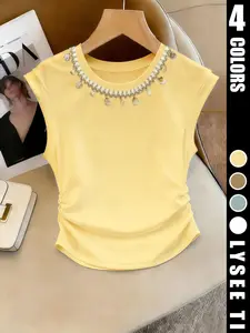 Women's top vest, white shell woven collar, casual and elegant vest