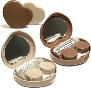 2 Pack Heart Cute Contact Lens Case, Travel Contact Lens Box with Mirror Tweezers Remover Tool Solution Bottle for Outdoor Office Daily Use Storage Beige, Light Brown
