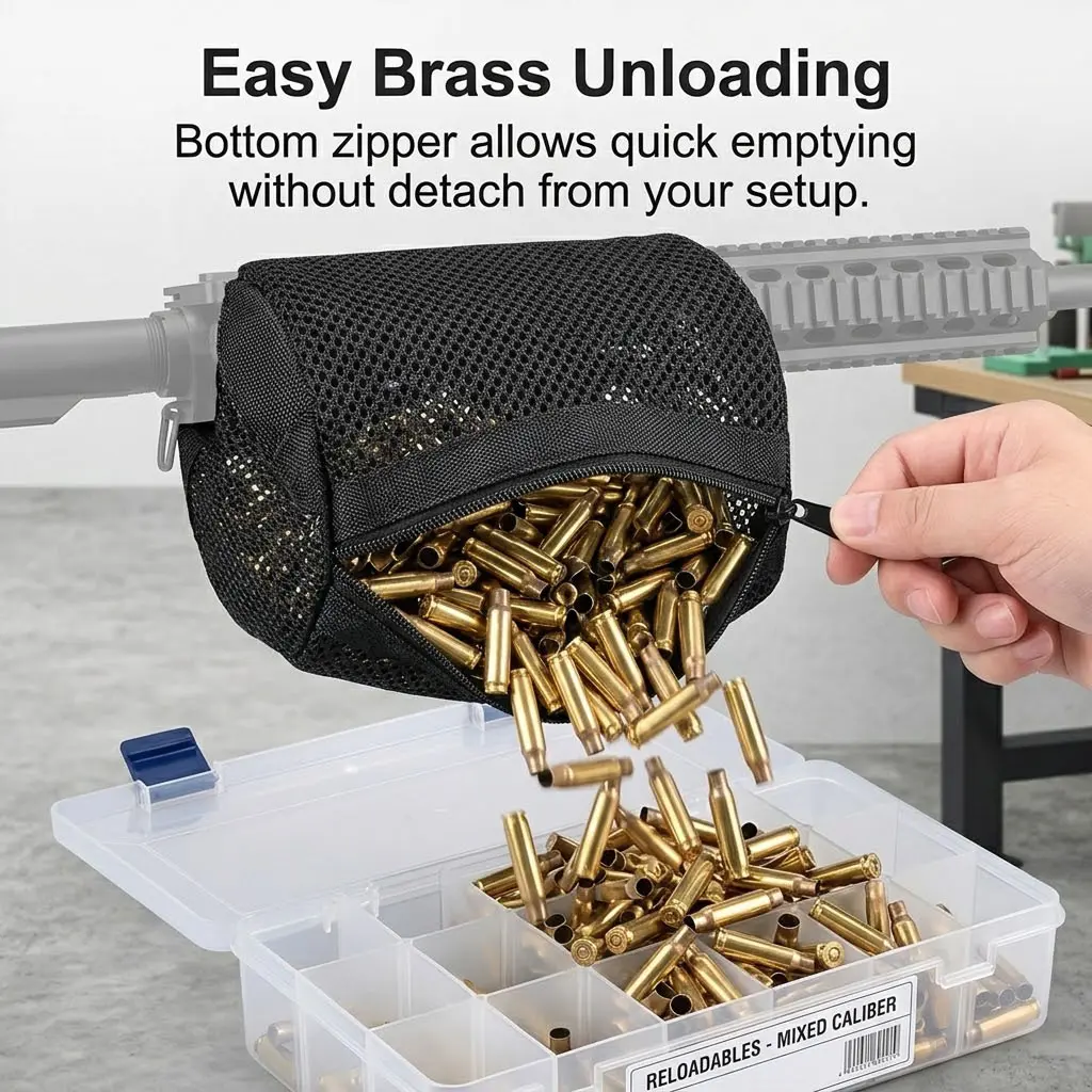 Heat Resistant Rifle Brass Catcher for Shooting Hunt Gear, Heavy-Duty Nylon Shell Catcher with Netted Zippered Quick-Emptying Net, Picatinny Rail Mount, 100+ Reloadables Cartridge Casing Capacity