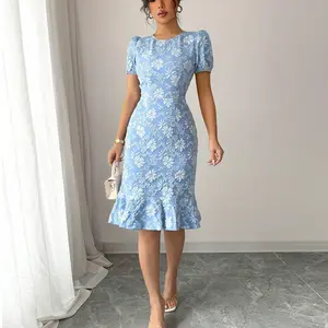 2026 Summer New Daisy Embossed Dress European American Slim Fit Mermaid Dress Short Sleeve Polyester Jacquard Fishtail Skirt Blue Temperament Commute Elegant