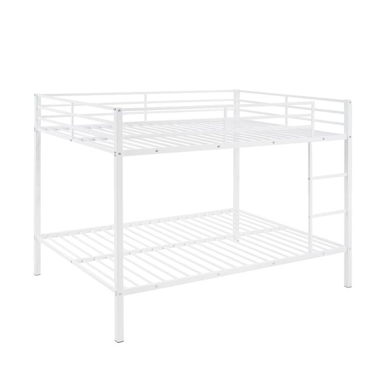 Full Over Full Bunk Bed, Heavy Duty Metal Bunk Bed Frame with Built-in Ladder and Safety Guard Rail, Low Metal Bunk Bed Frame for Kids, No Boxspring Required, For Small Spaces, White