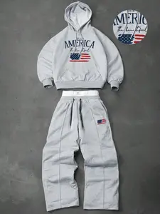 Men's two-piece set: Includes a hooded sweatshirt and a pair of drawstring trousers with a layered look design, featuring letter and American flag motifs. Perfect for autumn and winter.