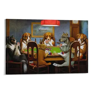 Dogs Playing Poker Classic Canvas Wall Art, Retro Bar Decor, Humorous Dogs Card Game Print for Man Cave & Restaurant, Framed/Unframed Option