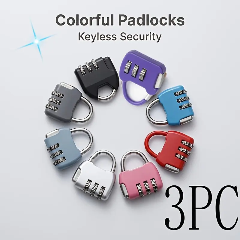 3PC portable three-digit combination padlock, multi-color macaron-style alloy anti-theft lock, suitable for suitcases, dormitory lockers, and storage boxes. Colors and styles are shipped randomly