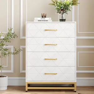 White Modern 4-Drawer Furniture Dresser, Wood Cabinet for Bedroom Storage and Organization, Multi-Functional Nightstand, White Furniture Dresser