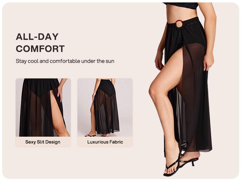 Lilylove Women's Cover Up Skirt Ringy High Slit Bathing Suit Bikini Swimsuit Coverup Sheer Mesh Long Skirt for Summer Ladies Bottoms for Beach Holiday Vacation