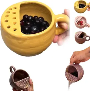 Handheld Berry Filter Cup Berry Strainer One-Handed Fruit Washer with Drain Holes Compact Ceramic Filter Cup for Berries Fruits and Small Kitchen Use Yellow