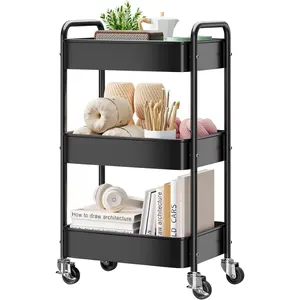 3 Tier Metal Rolling Cart with Wheels & Storage Shelves