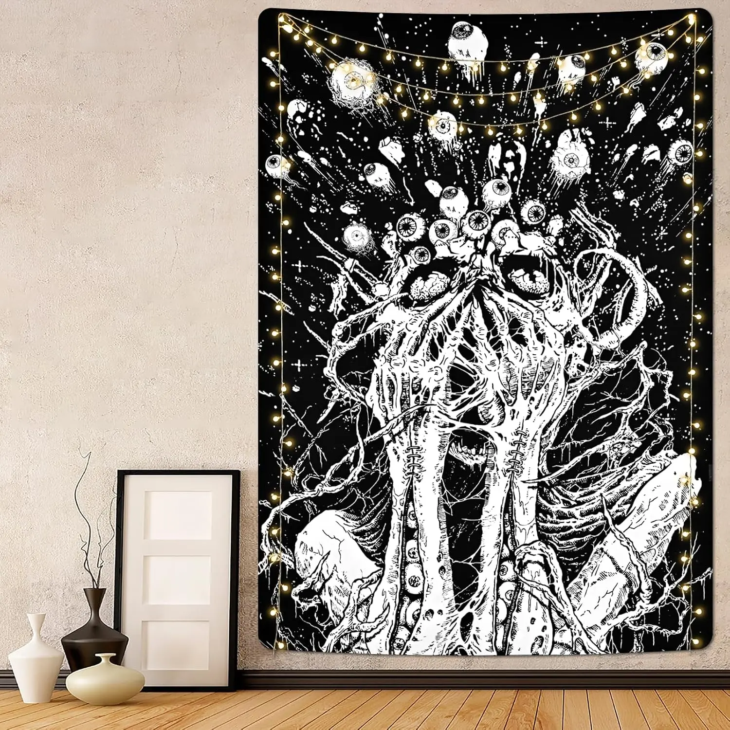 Skull Tapestry Trippy Eyes Tapestry Black and White Skeleton Tapestry Dark Horror Wall Tapestry Psychedelic Devil Goth Tapestry for Bedroom Aesthetic