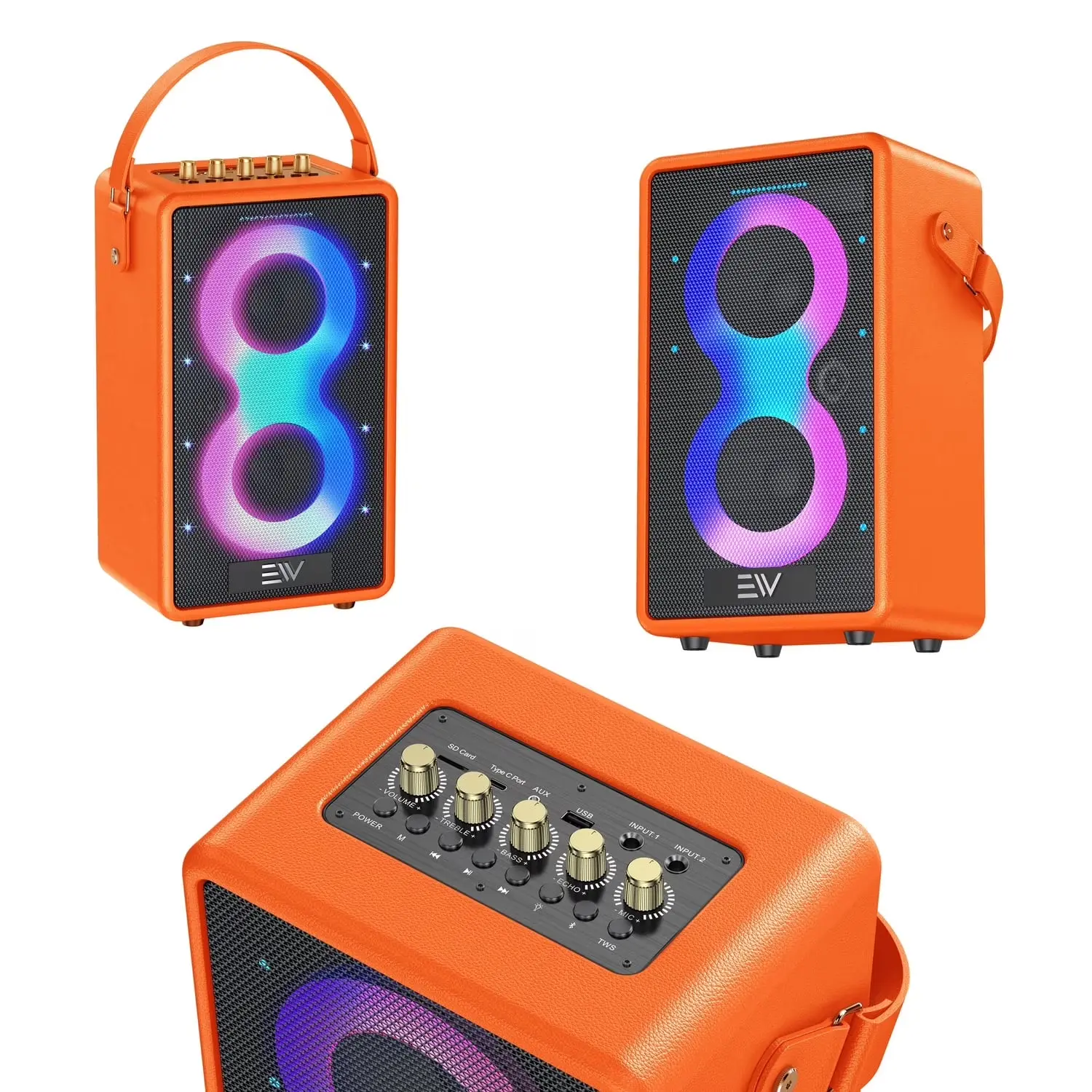 70W Portable Bluetooth Speaker with RGB LED Light, 1 Microphone, Charging Cable, AUX, USB, TF Card, USB-C Charging, Water Resistant Design, Batteries & Cells for Parties, Travel - Orange
