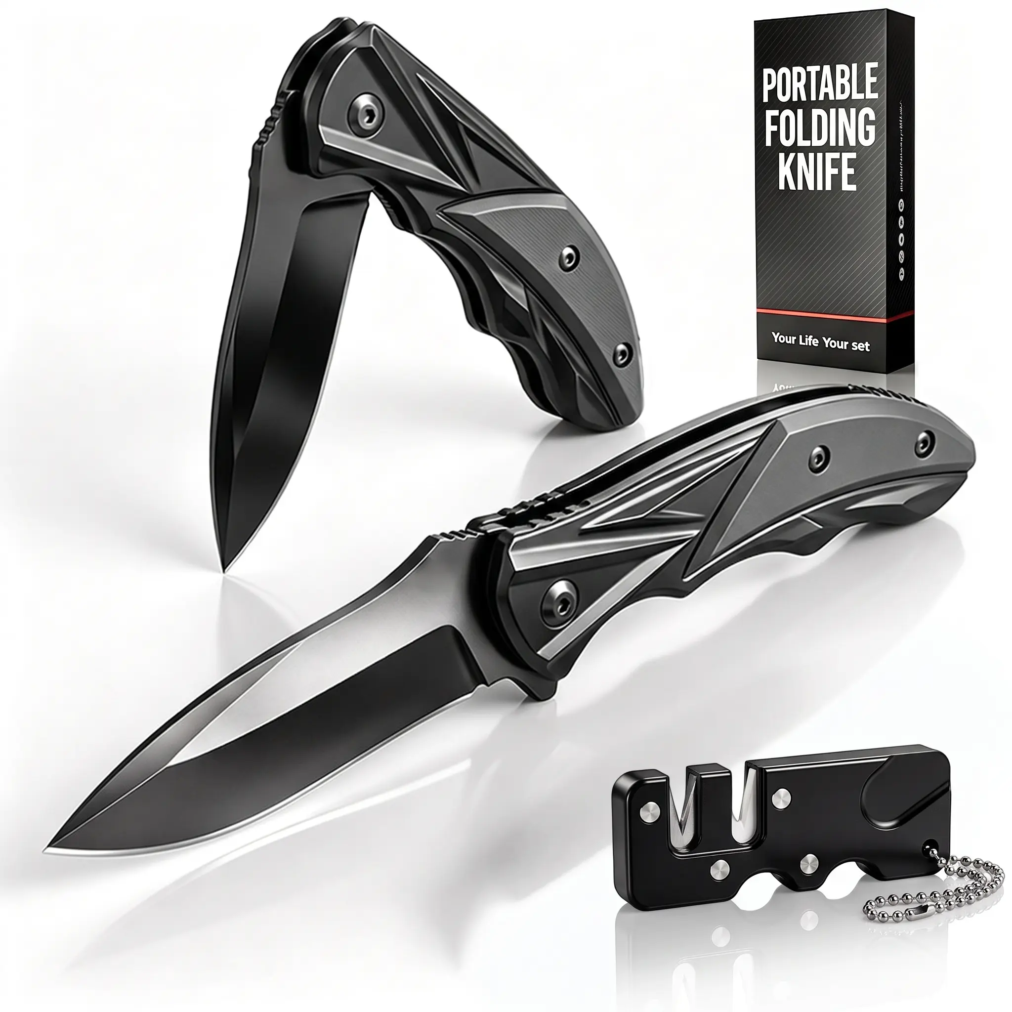 Compact EDC Folding Knife with Textured Grip Back Clip and Free knife sharpener Sturdy Blade Cool Gadgets Lightweight for Home Suitable for Daily Use And Carrying Camping Office 3pcs-2pcs Folding Knife and 1pc Gift