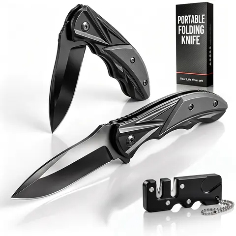Compact EDC Folding Knife with Textured Grip Back Clip and Free knife sharpener Sturdy Blade Cool Gadgets Lightweight for Home Suitable for Daily Use And Carrying Camping Office 3pcs-2pcs Folding Knife and 1pc Gift