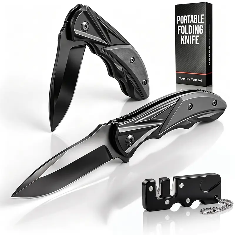 Compact EDC Folding Knife with Textured Grip Back Clip and Free knife sharpener Sturdy Blade Cool Gadgets Lightweight for Home Suitable for Daily Use And Carrying Camping Office 3pcs-2pcs Folding Knife and 1pc Gift