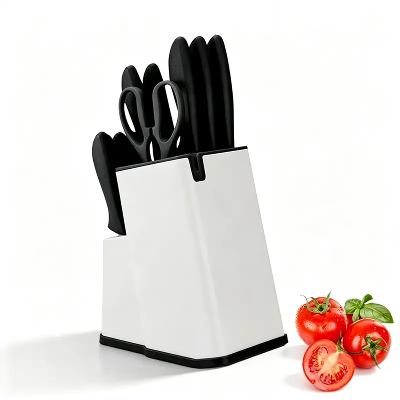 15-Piece Kitchen Knife Gift Set with Plastic Handle & Storage Block, Includes Kitchen Scissors & Knife Sharpener, Sharp Blades for Meat, Vegetables & Steak Cutting, Easy to Clean Modern Kitchen Cutlery Set