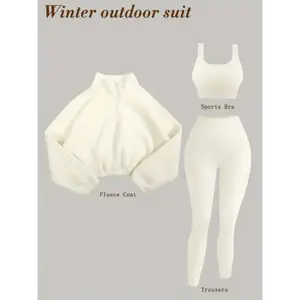 Cozy 3pcs Fleece-Lined Yoga Outfit Set - Stretchy Bra,-Waist Leggings & Half-Zip Sweatshirt Women - Autumn/Winter Workout Gear, Casual Activewear, Elegant Attire, Polyester Blend