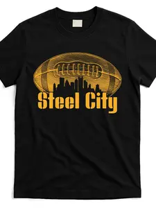 Steel City Football Fan T-Shirt, Pittsburgh Skyline & American Football Pattern, Soft Breathable Summer Casual Fitted Top, Ideal Gift