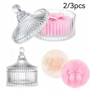 Dusting Powder Container with Puff, 2PCS Large Body Powder Puff and Container - Crystal Glass Dusting Powder Jar & Soft Velour Washable Body Powder Puff for Women