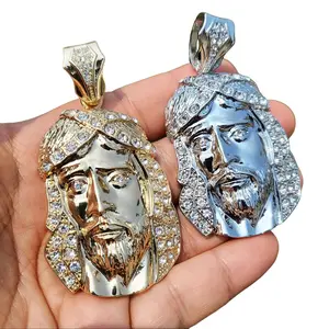 MaxBling81 14K Gold/Silver Plated Holy Jesus Christ Head Cubic Zirconia Iced Hip Hop Celebrity Style Charm Pendant, High Quality Polished, Fits Up to 15mm Chain, Hip Hop Celebrity Style Pendant