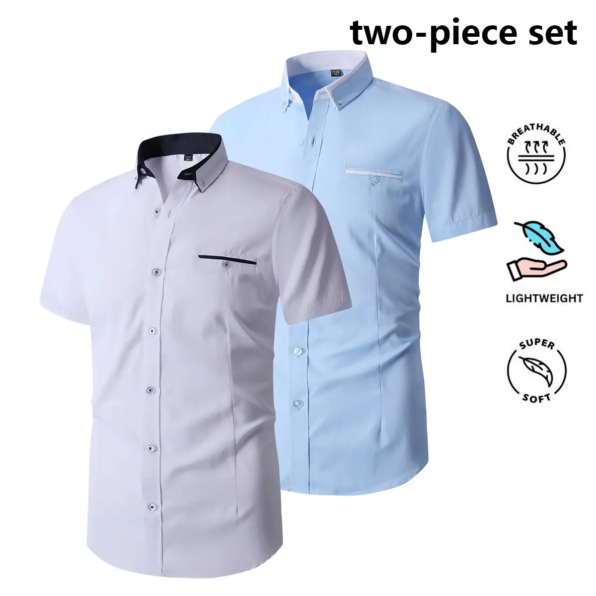 Men’s 2-Pack Casual Preppy Collared Shirt - Short Sleeves, Breathable Fabric Menswear, Casual Soft Shirt, Polyester, Regular Fit, Stylish Tie Button, Ideal for Business, Travel, Home Wear | Travel Essential, Button-Up Dress Men's Casual Shirts