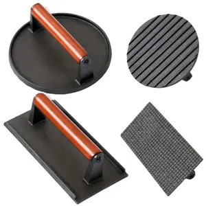 Heavy Duty Grill Press with Wood Handle | Cast Iron Burger, Bacon & Steak Press for Even Heating