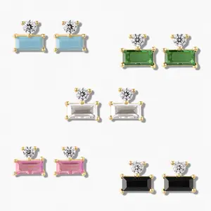 Swagy Chic Gold Baguette Cut Artificial Zirconia Ear Stud Earrings - Stackable Costume Jewelry Set