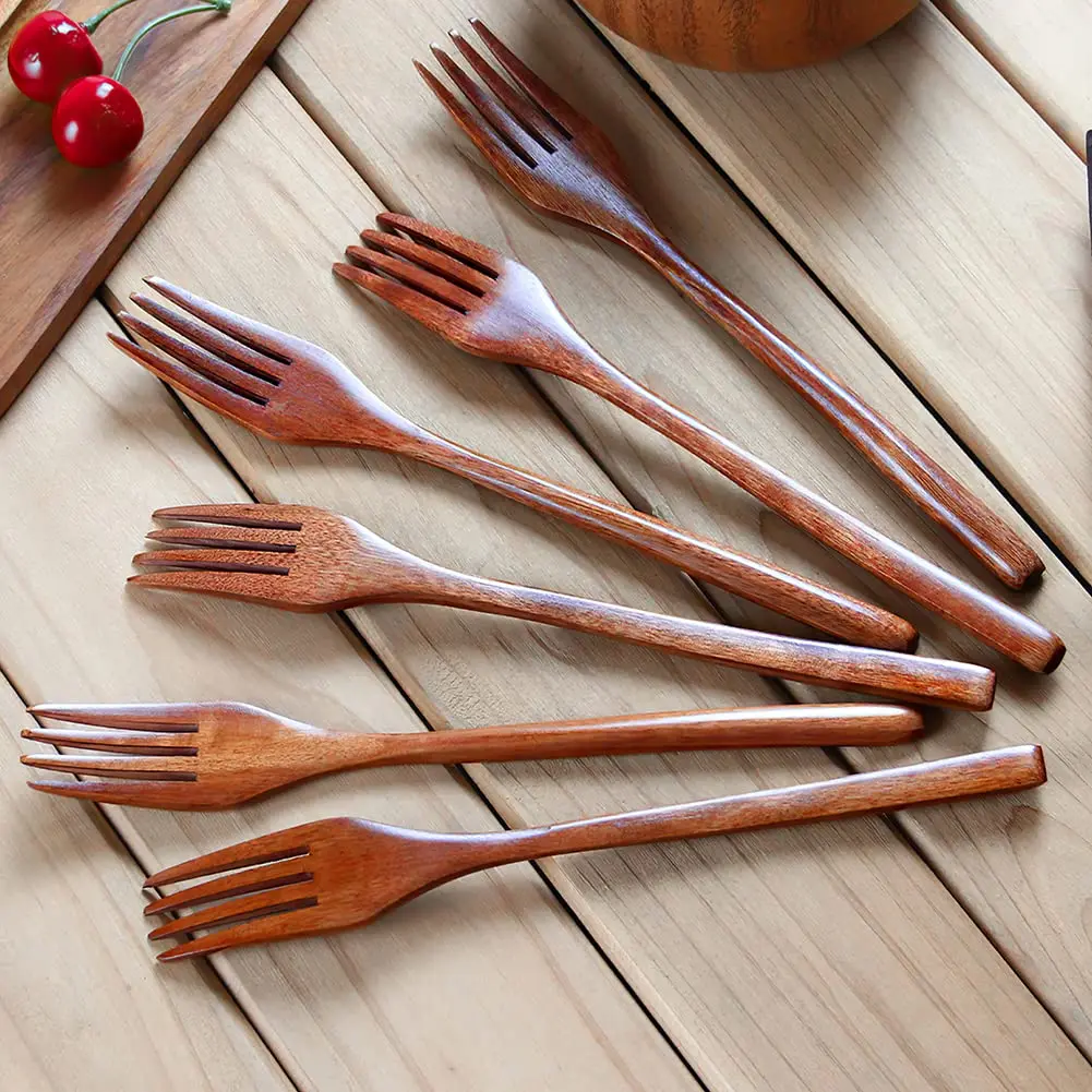 6pcs Sturdy Nanmu Wood Fork Set - Eco-Friendly Japanese Style Handmade Kitchenware Cutlery, Reusable Tableware Utensils for Adult Dining, Camping, Dishwasher-Safe for Cooking, Home Use, Natural