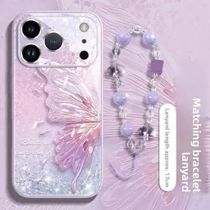 Trendy Glitter Butterfly iPhone 14/15/16/17 Pro/Max Case | Bracelet Lanyard Strap | Shockproof Full Protection Cover