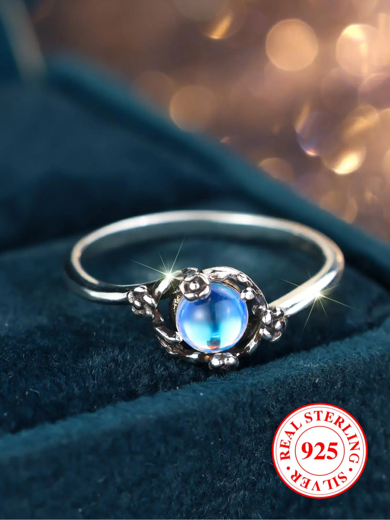 S925 Sterling Silver Moonstone Decorated Ring, Vintage Style Ring for Women & Girls, Trendy All-match & Exquisite Jewelry for Birthday Gift