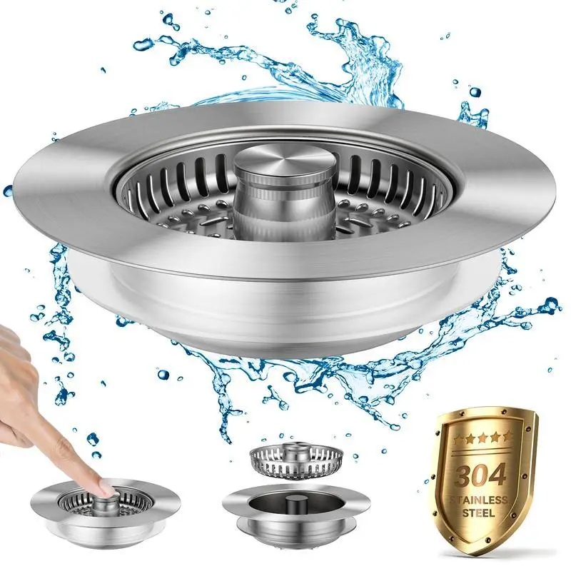 Kitchen 3-in-1 Sink Drain Strainer, Stainless Steel Sink Plug, Deodorizing Anti-Clog Basket Strainer for US Standard 3-1/2 Inch Drains Cleaning Remova