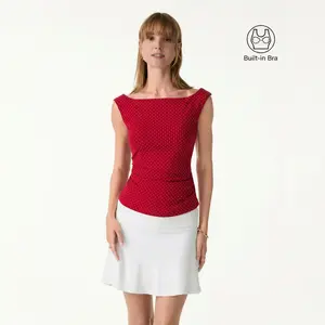 OGL Stretch Cotton Polka Dot Boatneck Ruched Bra Top with Built-in Bra for Everyday Womenswear tiktokshopmemorialday
