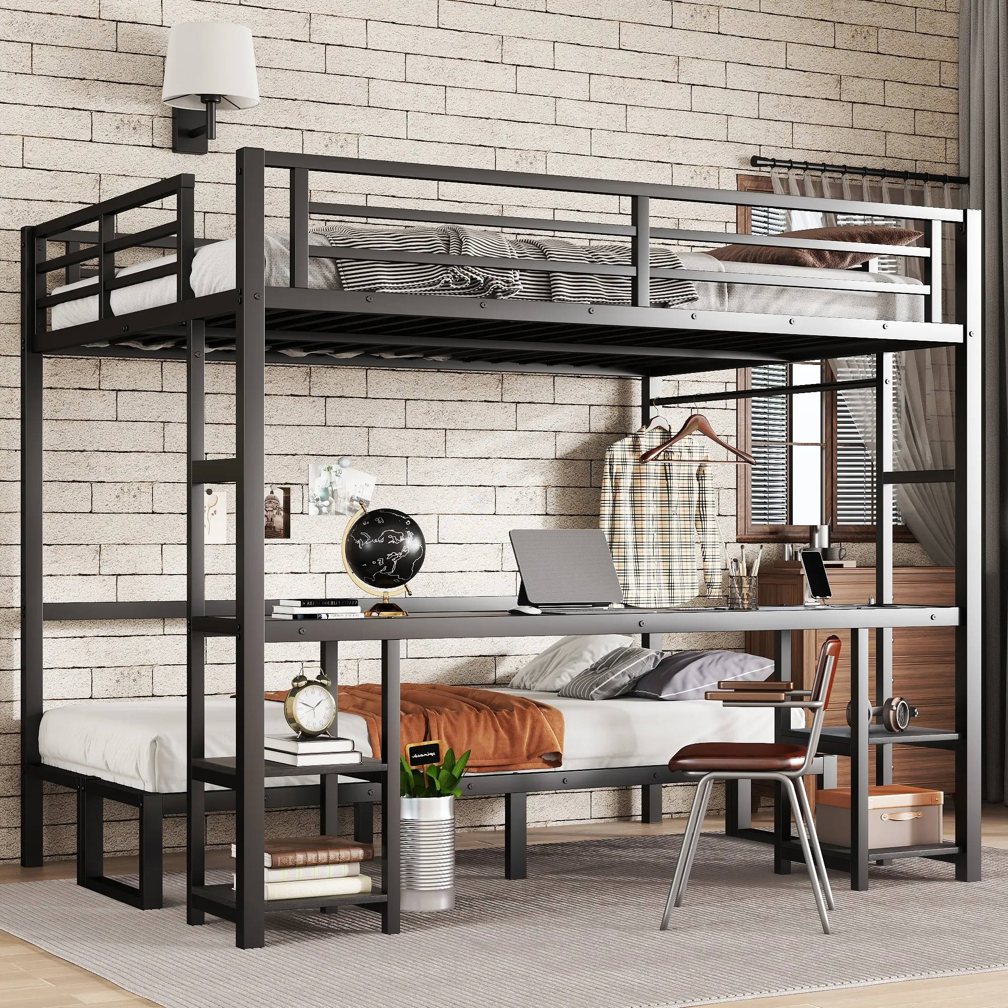 Dufominc Black Queen-over-Twin XL Secure Metal Bunk Bed - Multi-Use Loft Bed with Desk, Shelves, LED Light, LED+USB Ports, Foldable Sofa, Compartments, Assembly Required