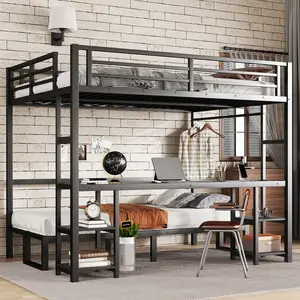 Black Queen Over Twin XL Metal Bunk-Loft Bed with Desk, Shelves, LED Lights, USB Ports, Multi-Use Foldable Sofa