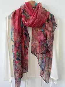 Mulberry Silk Chiffon Scarf: Vibrant Red Phoenix Print Shawl