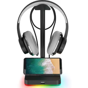 RGB Headphone Stand with USB Hub Desk Gaming Headset Holder Hanger Rack with 1 USB2.0 Extension  Port Extender Cord - Suitable for Gamer Desktop Table  Earphone Accessories, Black