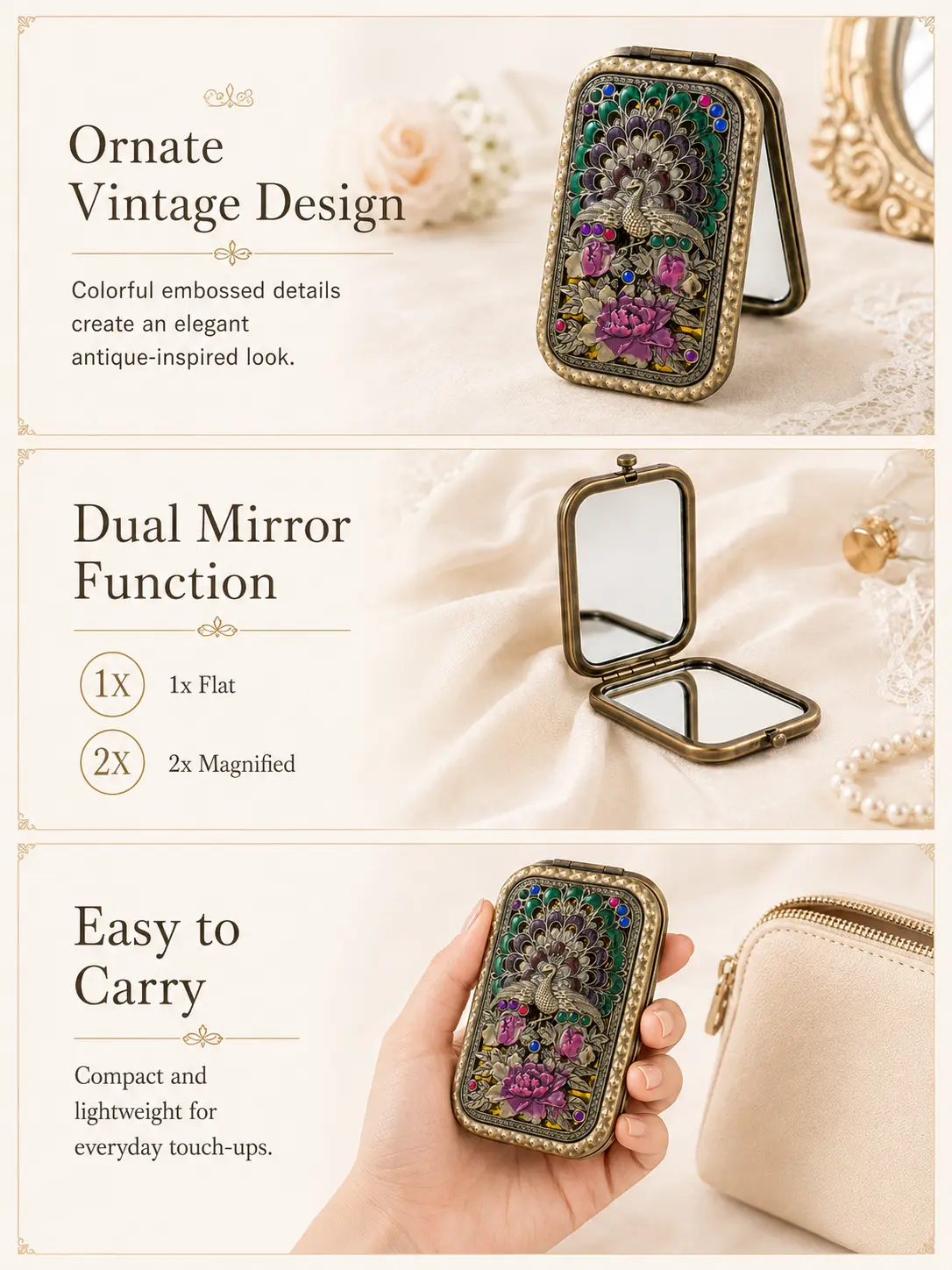Vintage Peacock Relief Double-Sided Folding Mirror | Portable Makeup Mirror | Household Essential for Vanities, Bedrooms, Bathrooms, and Daily Grooming
