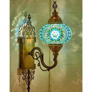 Turkish Moroccan Mosaic Plug-in Wall Sconce Lamp,  Tiffany-Style Glass Globe, Ornate Brass Base, 5.2-ft Cord, Decorative Lighting for Living Room, Bedroom, Dining Room, 15x5", Teal-Turquoise