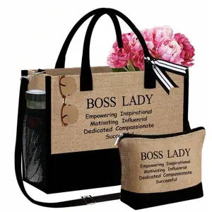 Boss Lady Lightweight Tote & Matching Makeup Bag - Easy-Clean Fabric,Tote Bag For Women, Canvas Bag For Beach Accessories, Suitable For Wedding, Birthday, Holiday, Is A Great Gift For Women, Mom, Teachers, Friends, Bridesmaids,Student,Back To School,Large