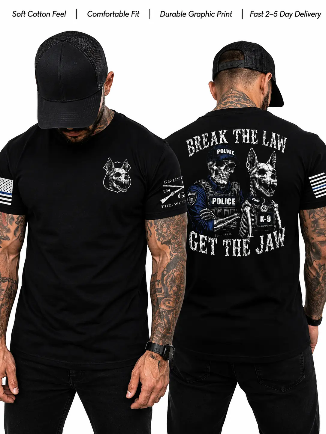 Grunt Style Break The Law Get The Jaw K9 Police Graphic T-Shirt, Skeleton Officer & Police Dog Front Back Sleeve Print | Menswear & Underwear - Men's Tops - T-shirts - Men's Short-sleeve T-shirts