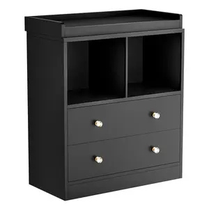 Baby Changing Table with 2 Drawers and Open Shelves – Includes Changing Pad, Modern Nursery Organizer, Black